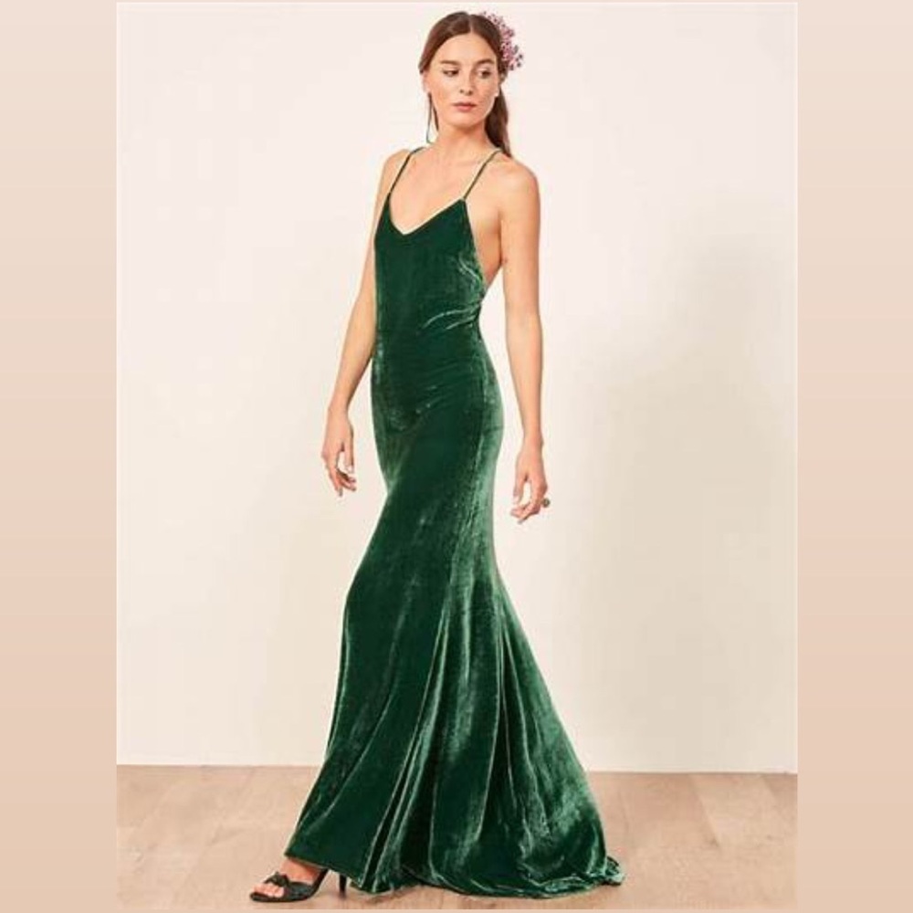 Green Reformation Rimini Velvet Strap Slip Long Dress, Gown for Special Occasion